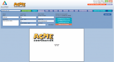 PDF creator admin view where you can set up new business card templates